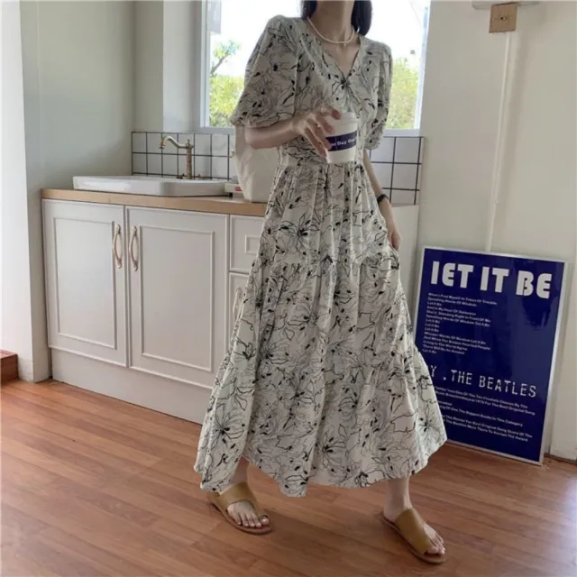 【AKARA】中大尺碼 女裝 法式復古新款V領碎花長裙洋裝 #dress #akara #style