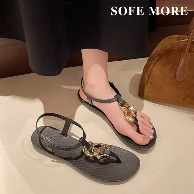【SOFE MORE】防水涼鞋 歐美 軟底 防滑 防水 T字夾腳涼鞋 輕量 平底沙灘涼拖鞋 渡假外穿 女鞋
