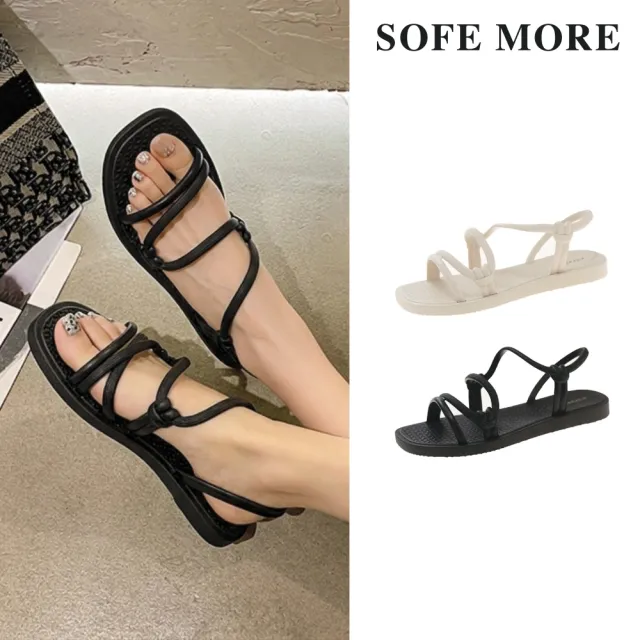 【SOFE MORE】法式方頭 防水 防滑 平底涼鞋 輕量 軟底 舒適好走 一字涼鞋 羅馬露趾 女涼拖鞋