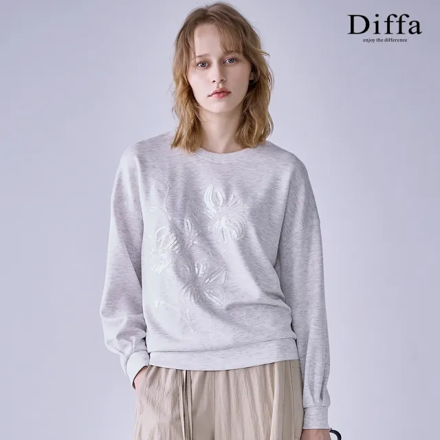 【Diffa】水仙花亮片繡落肩長袖針織衫-女
