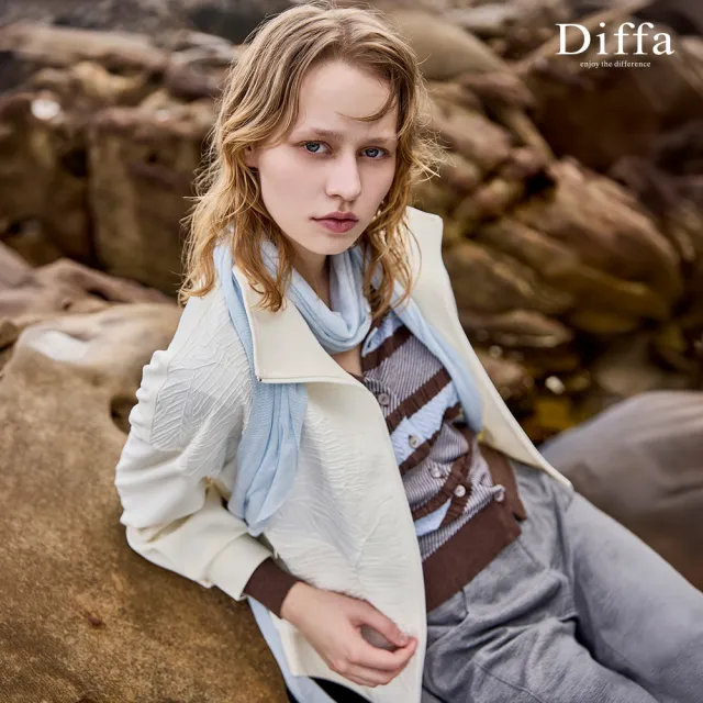 【Diffa】葉紋壓皺異素材拼接立領外套-女