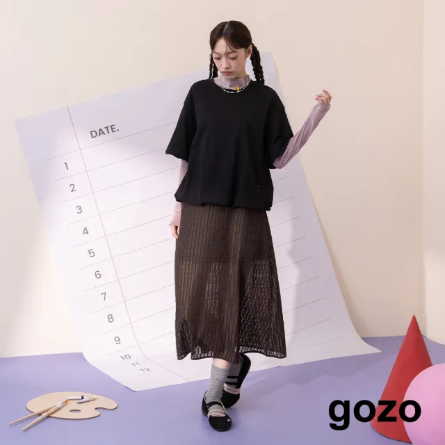 【gozo】蕾絲蓬蓬袖假兩件涼感洋裝(黑色/卡其)