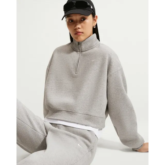 【NIKE 耐吉】半開襟上衣 女 AS W NK STDO FLC MW OS CROP QZ 運動 休閒 短版 寬鬆 karina 灰 (IM8543063)