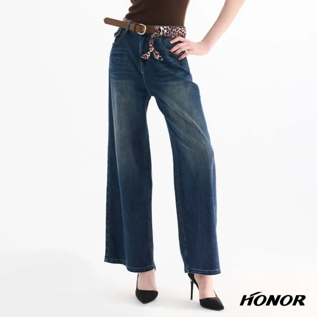 【HONOR 山形屋】豹紋絲巾皮帶水洗牛仔寬褲-藍