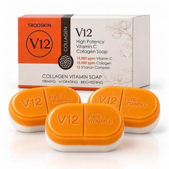 韓國V12濃厚膠原維C澎潤美白皂3入
