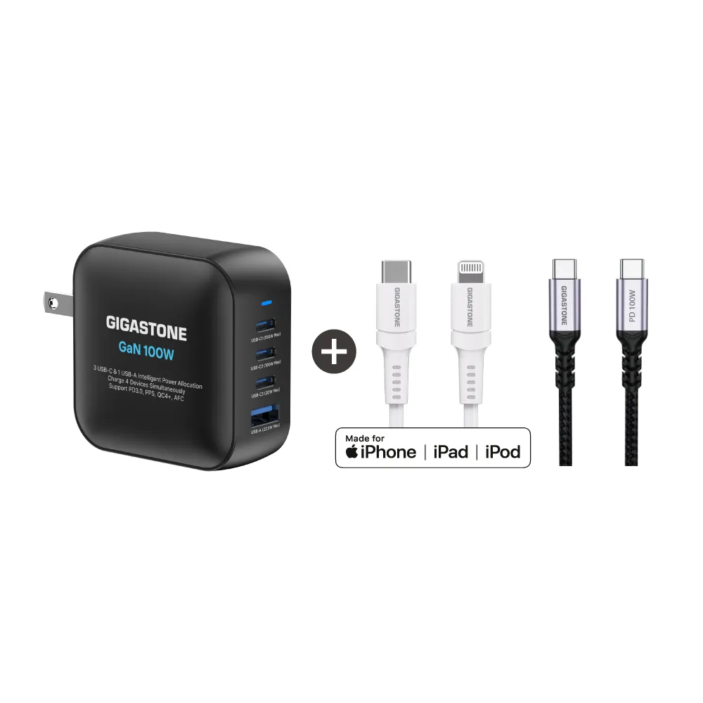【Gigastone 立達國際】100W GaN氮化鎵四孔充電器+TypeC 100W快充線+60W蘋果快充線(iPhone17)