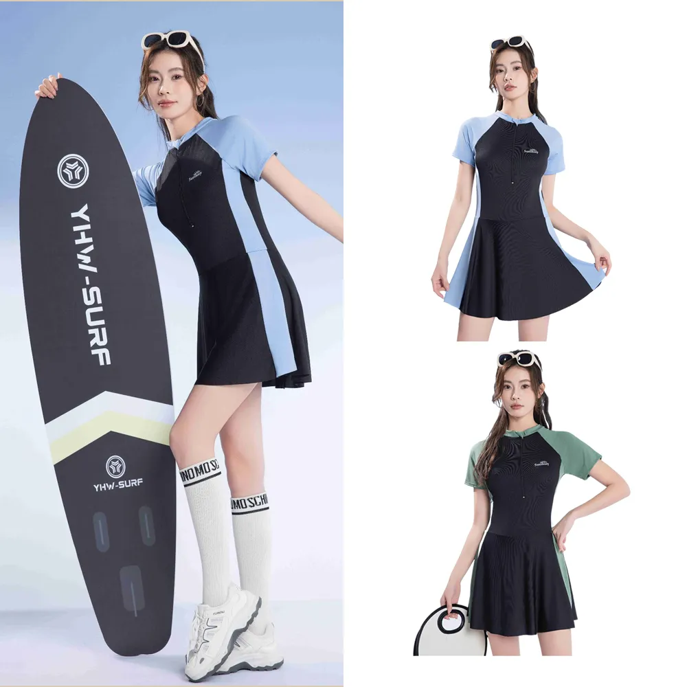 【SUNY】前拉鏈連身泳裙 連衣裙泳裝 潛水衣 連身帶裙泳衣 女泳裝 衝浪衣 游泳衣(適合47-53kg)