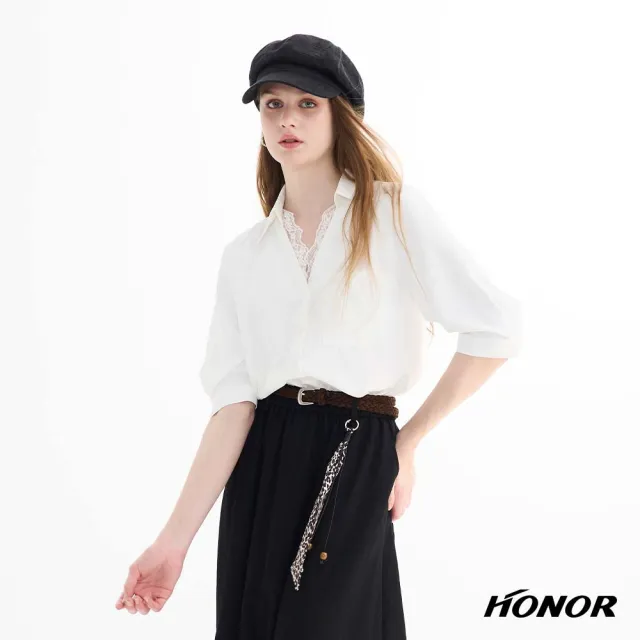 【HONOR 山形屋】蕾絲滾邊翻領五分袖襯衫-白