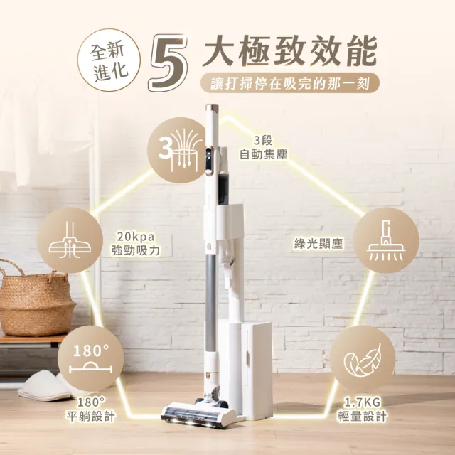 【SANSUI 山水】小白淨|自動集塵無線吸塵器(SVC-P880)綠光顯塵/集塵式/除螨/寵物家庭/強吸力/99購物節