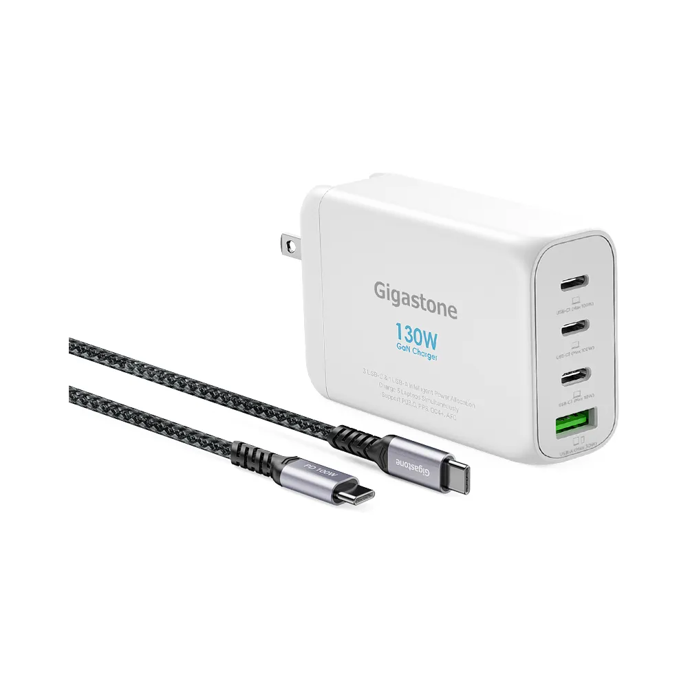 【Gigastone 立達國際】130W GaN氮化鎵四孔充電器白+TypeC 100W傳輸充電線(iPhone17/MacBook/快充充電頭)