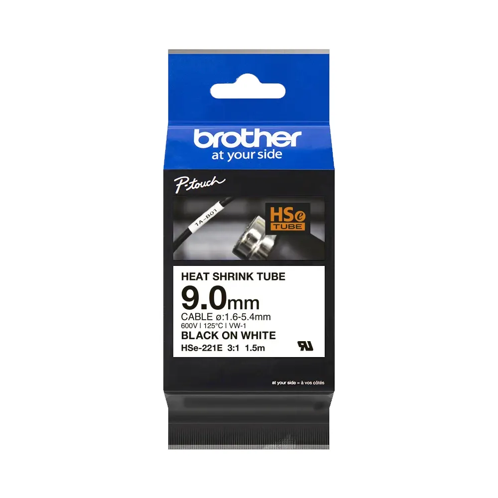 【brother】官方直營 HSe-221E 原廠熱縮套管 9.0mm 白底黑字(適用:PT-E850TKW/E300/E500W/P900W/P950NW)