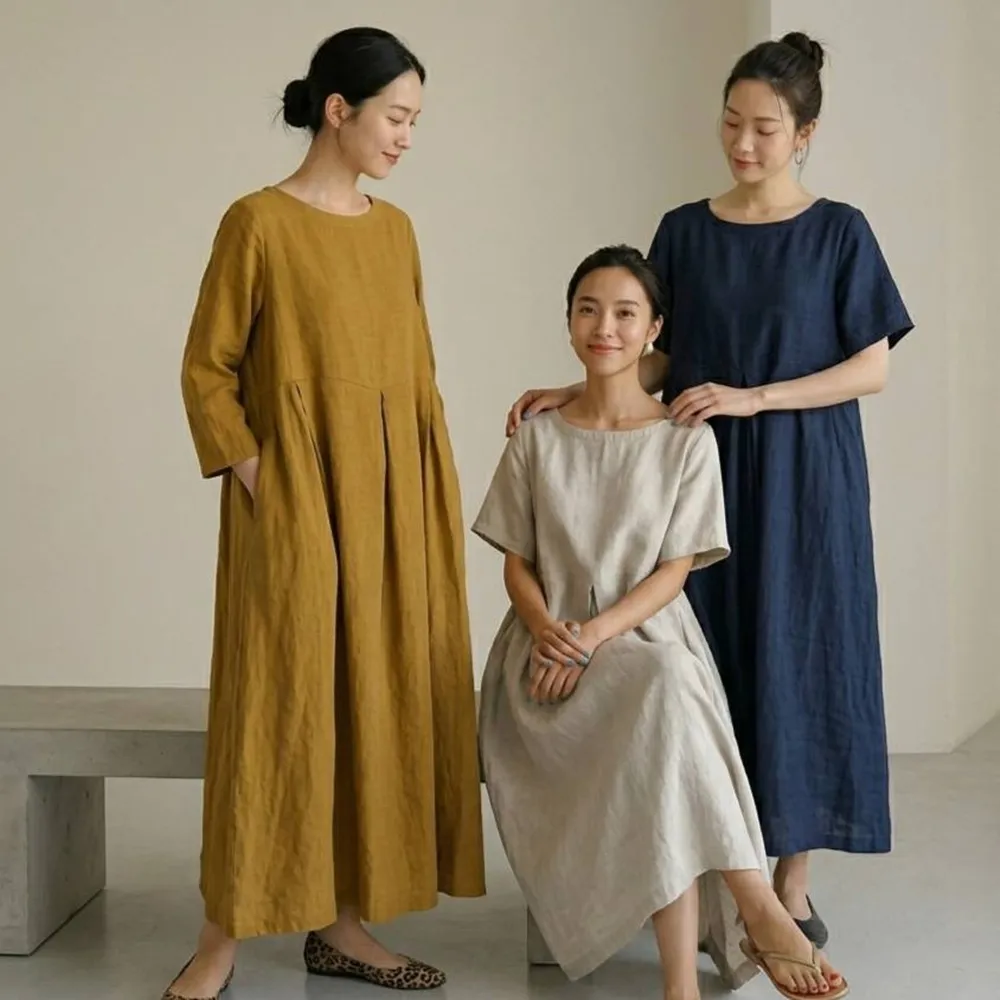 【巴黎精品】極速出貨 洋裝短袖連身裙亞麻棉麻大尺碼女裝(V領簡約長版純色女裙子2色a1au13)