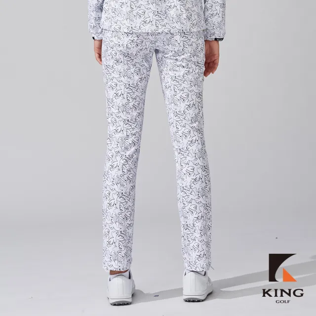 【KING GOLF】網路獨家-女款數位滿版白鳥印花修身彈力舒適高爾夫球長褲-白色