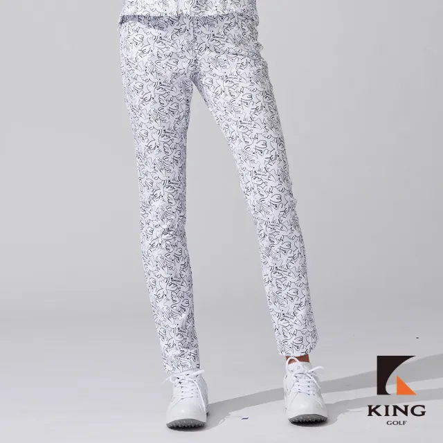 【KING GOLF】網路獨家-女款數位滿版白鳥印花修身彈力舒適高爾夫球長褲-白色