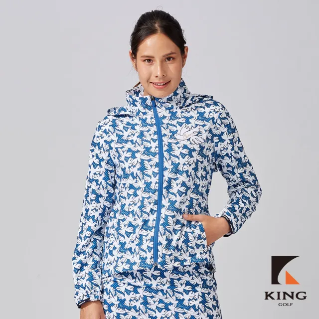 【KING GOLF】網路獨家-女款防潑水滿版白鳥印花立領拉鍊高爾夫球可收連帽夾克外套-深藍色