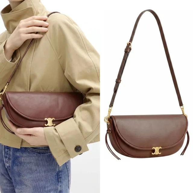 【CELINE】賽琳 Soft Triomphe Halfmoon 小款 凱旋門標誌小羊皮手提 肩背半月包(深棕色 腋下包)