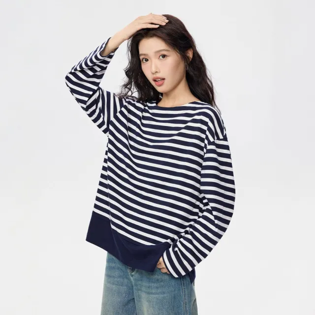 【GIORDANO 佐丹奴】女裝船領撞色條紋純棉長袖T恤(多色任選)