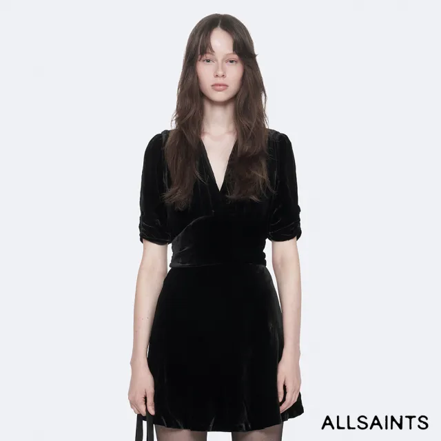 【ALLSAINTS】ENA 絲混紡V領綁帶短洋裝 W255DF(合身版型)