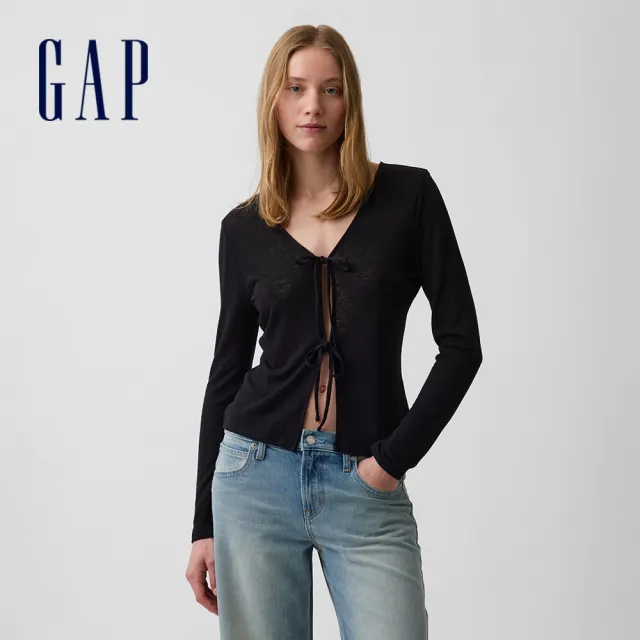 【GAP】柔軟亞麻混紡綁帶罩衫-黑色(898922)
