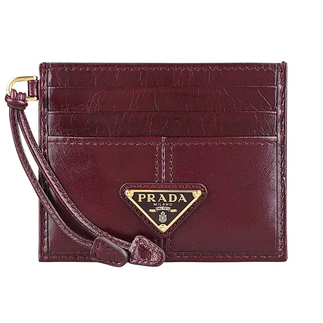 【PRADA 普拉達】PRADA精品小牛皮三角金屬LOGO卡片夾(6卡/酒紅)