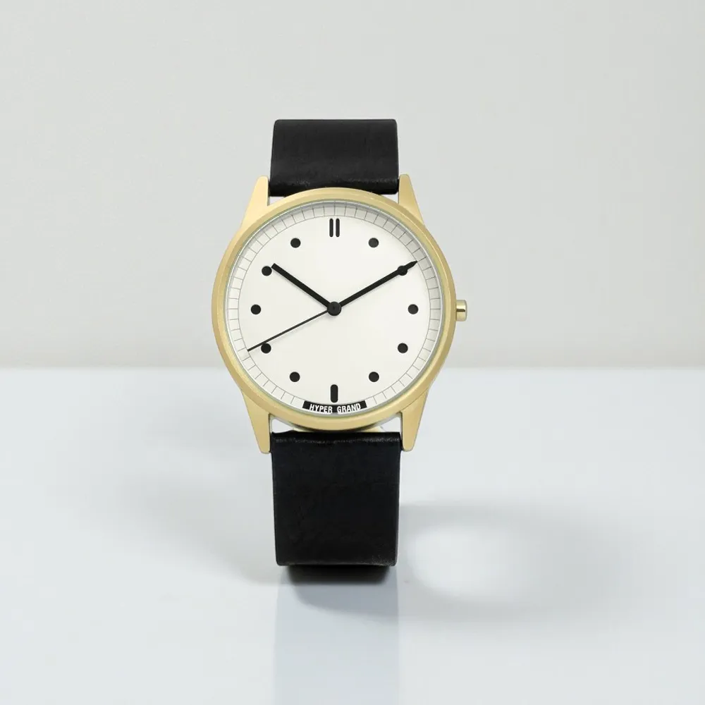 【HyperGrand】Classic Black 極簡工業風真皮手錶 米白x金框x黑 38mm(CW01GWBLK)