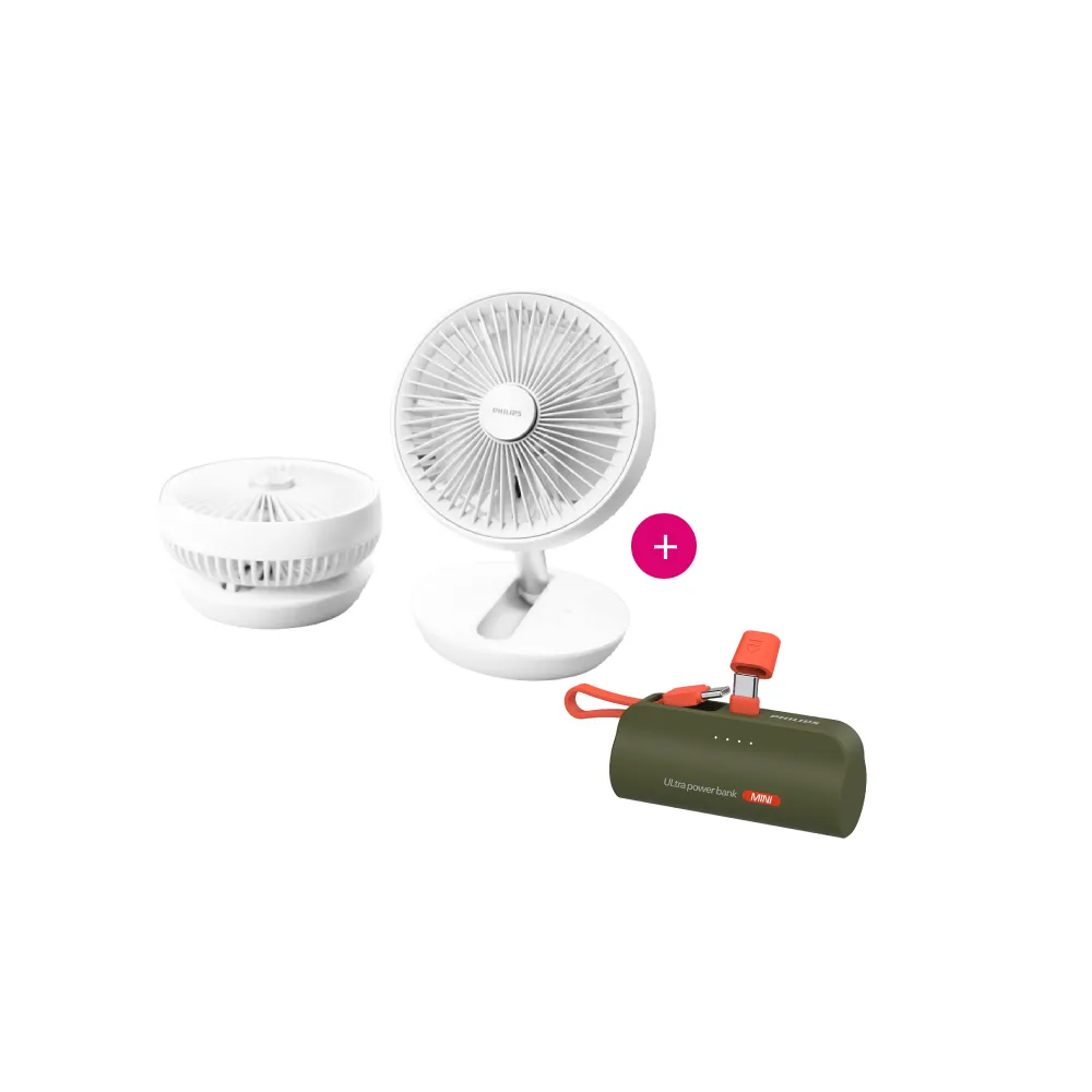 【Philips 飛利浦】1+1超值組 迷你行動循環摺疊風扇 15H無線續航+口袋行充(ACR2124DX+DLP2550)