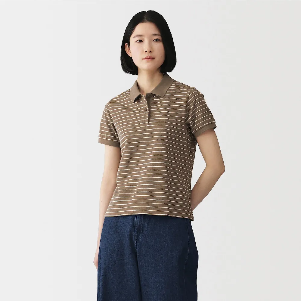 【MUJI 無印良品】女鹿子織短袖POLO衫(柔白/黑色/柔白橫紋/暗藍橫紋/煙燻棕橫紋)