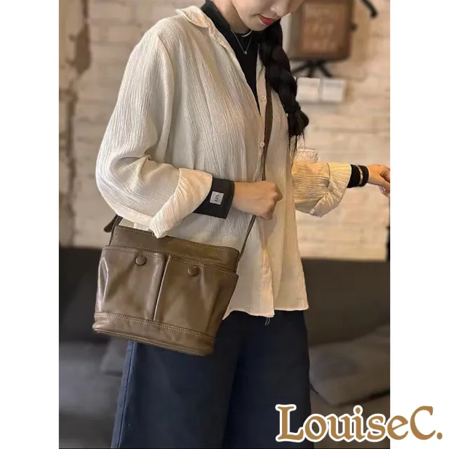 【LouiseC.】雙11 Tree House 植鞣革牛皮 手工擦色 兩插袋 側肩背斜背真皮水桶包 2色 GLN0004