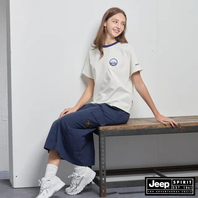 【JEEP】女裝 山徑徽章涼感短袖T恤-白色