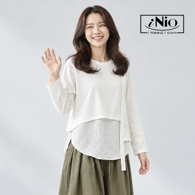 【iNio 衣著美學】異材質層次拼接長袖上衣 女假兩件圓領棉T 弧形下襬單側飄帶落肩上衣  CHW1505