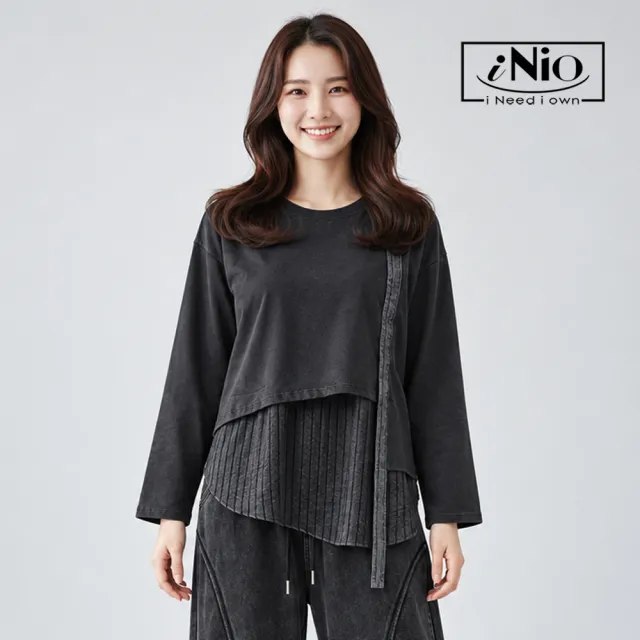 【iNio 衣著美學】異材質層次拼接長袖上衣 女假兩件圓領棉T 弧形下襬單側飄帶落肩上衣  CHW1505