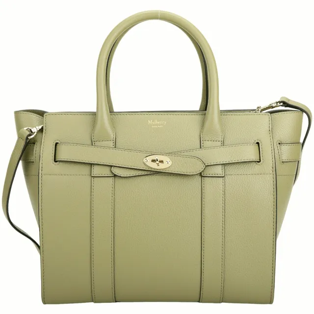 【MULBERRY】Zipped Bayswater 釦帶荔紋牛皮手提 斜背包(橄欖綠 通勤包 英國精品包)