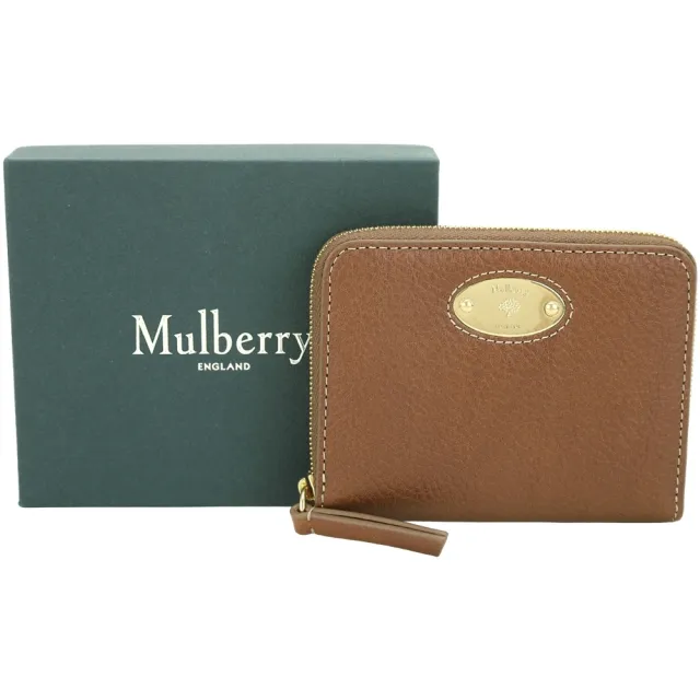 【MULBERRY】金屬飾牌 荔枝紋牛皮 拉鍊卡片夾 零錢包(橡木咖 英國頂級皮具 精品錢包)
