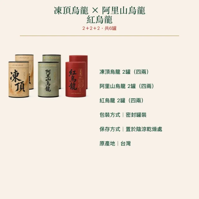 【台灣茶葉產銷協會】凍頂＋阿里山＋紅烏龍 三茶6入組｜罐裝4兩(2+2+2)