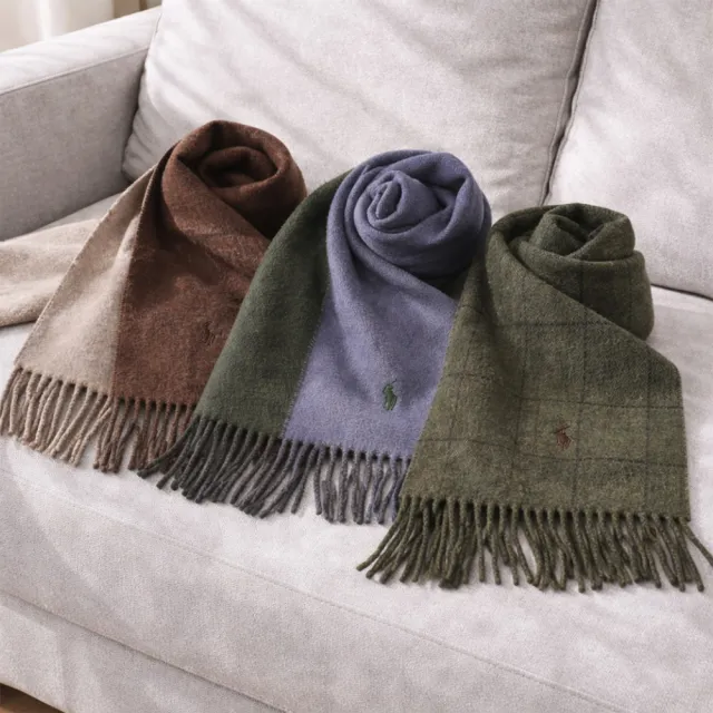 【RALPH LAUREN】POLO義大利製經典刺繡小馬格紋/雙色羊毛混紡流蘇圍巾(多色任選)