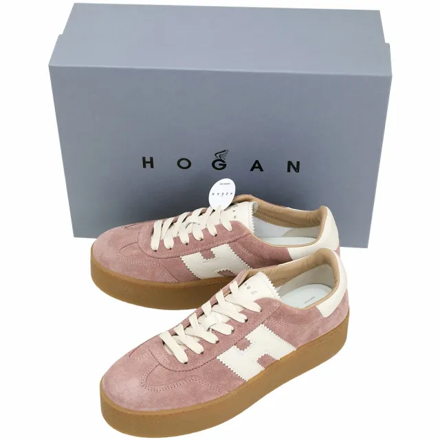 【HOGAN】Double Cool 女鞋 H鋸齒邊 麂皮拼牛皮繫帶厚底運動鞋 德訓鞋(粉紅色 休閒鞋 義大利精品鞋)