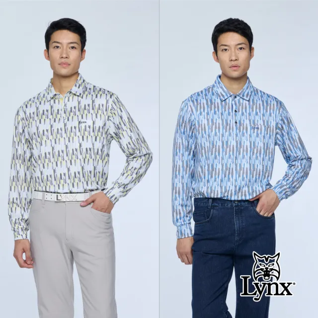 【Lynx Golf】男款吸濕排汗滿版印花胸前口袋長袖POLO衫/高爾夫球衫(二色)