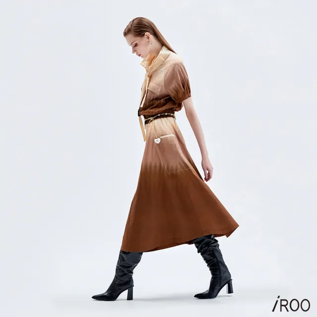 【iROO】摩卡咖色收腰漸層長裙