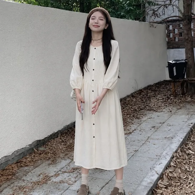 【AS 梨卡】隔日到貨 女裝 連身長裙 長裙 洋裝 寬鬆長裙 長款洋裝 皺褶連身裙 白色洋裝 顯瘦長裙VG257