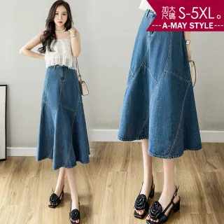 【Amay Style 艾美時尚】秋新品 中大尺碼女裝 丹寧 半身裙 設計感拼接剪裁顯瘦A字牛仔裙。S-5XL(藍.預購)