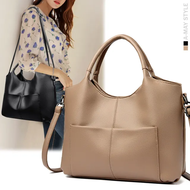 【Amay Style 艾美時尚】秋新品 真皮女包 手提包 斜背包 大容量歐美時尚牛皮手提側肩背托特包(2色.預購)