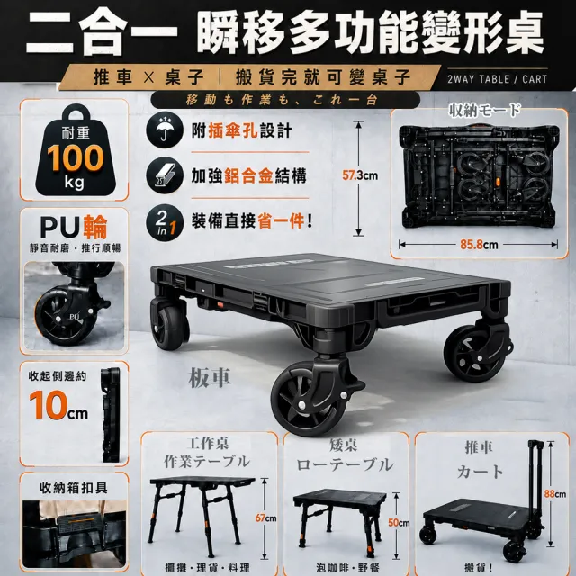 【ADAMOUTDOOR】二合一瞬移多功能變形桌(推車、桌子、裝備車、擺攤車)