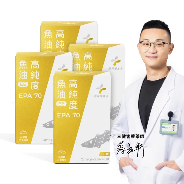【藥師健生活】EPA70高純度魚油 4盒(90粒/盒 100% 阿拉斯加鱈魚 Omega-3 濃度84% 新鮮萃取高純度)