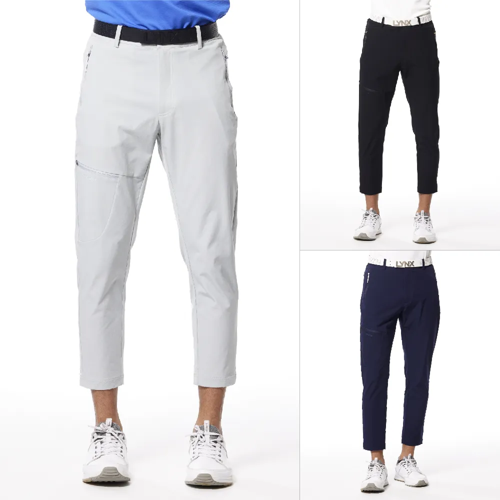 【Lynx Golf】首爾高桿風格!男款彈性舒適腿袋設計 造型拉片拉鍊口袋平口休閒長褲(三色)