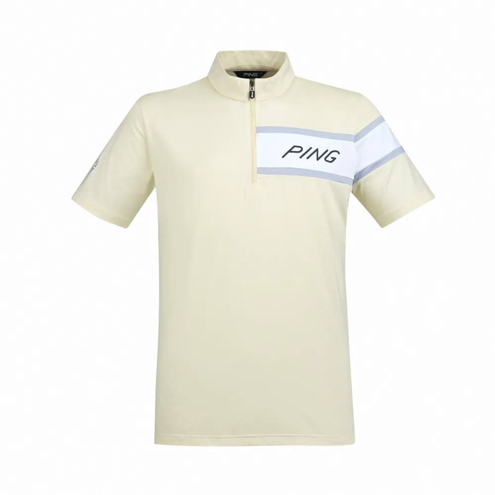 【PING】男款LOGO剪接運動立領短袖POLO衫-芥黃(吸濕排汗/芳香紗/抗菌防臭/GOLF/高爾夫球衫/PA23122-33)