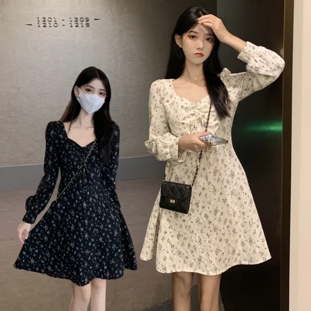 【AS 梨卡】女裝 連身短裙 長袖碎花洋裝 洋裝 薄款連身裙 氣質短裙 秋冬洋裝 顯瘦短裙 VG265