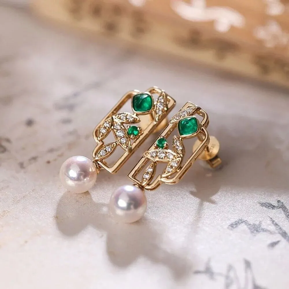 【海斯珠寶】小軒窗系列 18K金竹葉新中式耳環 0.2ct 哥倫比亞糖塔祖母綠 5.5-6mm 日本Akoya珍珠