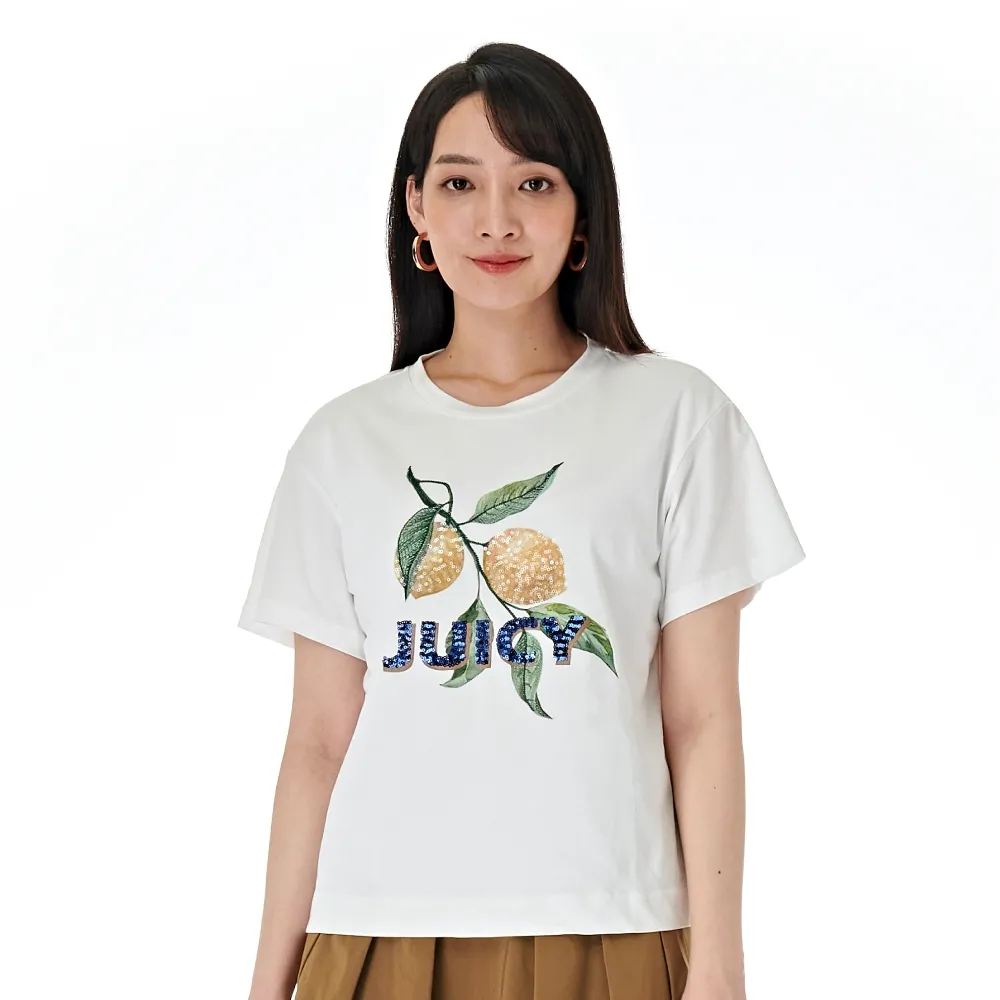 【KeyWear 奇威名品】檸檬刺繡圖案圓領短袖上衣(共2色)