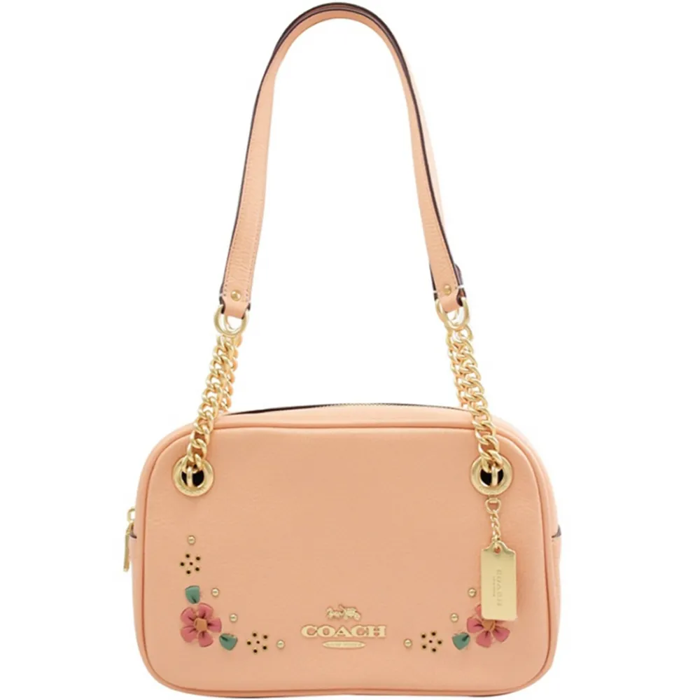 【COACH】Cammie粉橘x花朵刺繡皮革單拉鍊肩背包