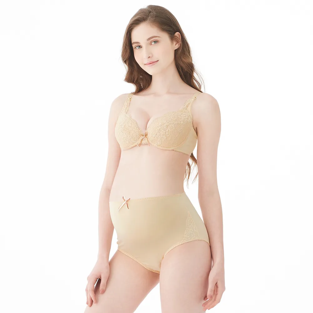 【Gennies 奇妮】哺乳內衣褲成套 唯美蕾絲軟鋼圈內衣 高腰內褲(孕婦內衣 上開扣 孕婦內褲 膚 A01B21)